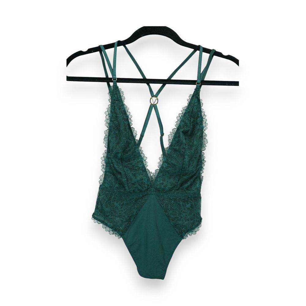NWT Victoria's Secret Dark Green Lace And Mesh Strappy Teddy Size XS MSRP $69‎